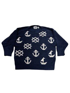 Cape Isle Knitters Nautical Boat Anchor Sweater Womens Size L Vintage Navy Blue